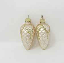 Lot of 2 Vtg Hand Blown Glass Pale Peach Pinecone Christmas Ornaments 2-3/4"