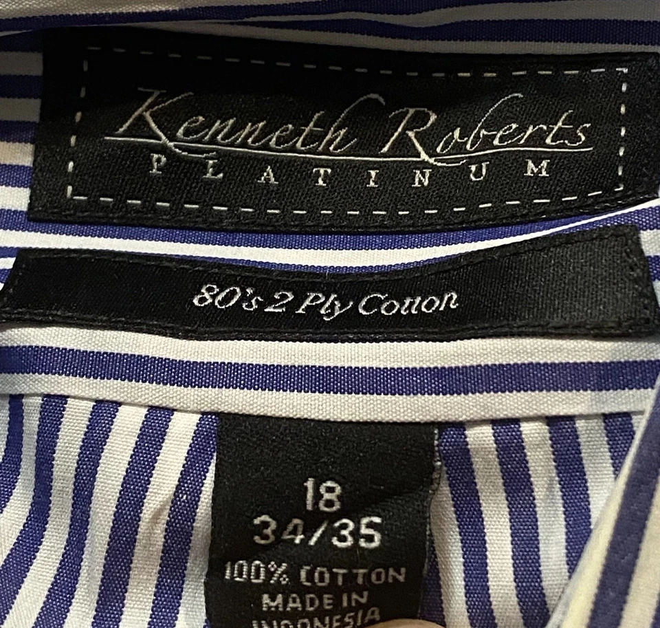 Kenneth Roberts Platinum Dress Shirt Mens 18 34/35 Blue White 80's 2 Ply Cotton - Image 3 of 3