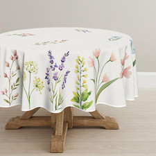 Spring Summer Tablecloth 90 x 90 Inch Round Easter Watercolor  Wild Flowers Blo
