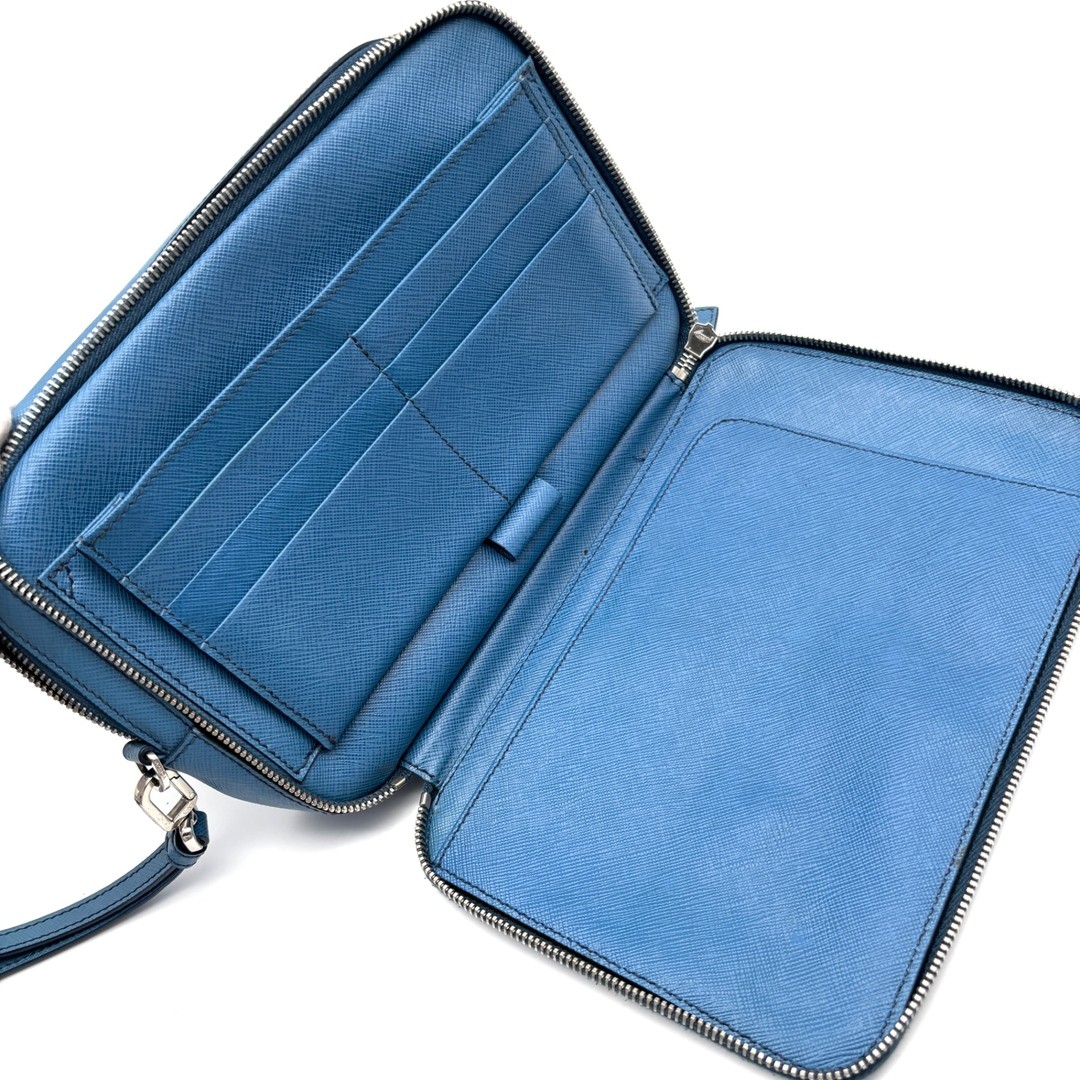 PRADA VR0052 Saffiano Leather Sky Blue Clutch Bag Men’s Travel Business thumbnail 8