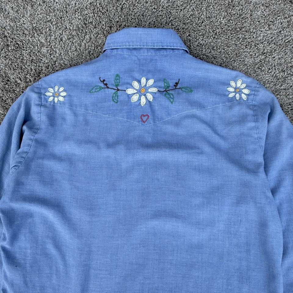 Женские винтажные Sears Western-wear вышитый джинсовой ткани жемчуг Snap рубашка большой народное искусство - Изображение 2 из 4