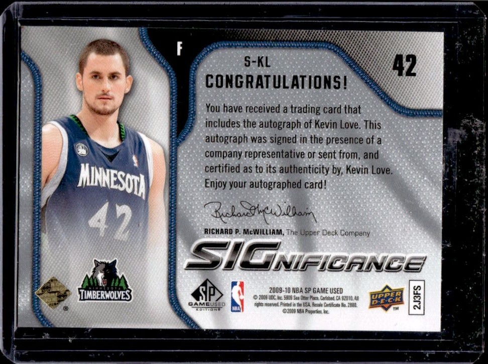 2009-10 SP Game Used Kevin Love SIGnificance Auto Autograph #S-KL Timberwolves view 2