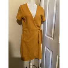 J Crew Textured Wrap Dress Mustard Yellow Short Sleeve Tie Waist Size S