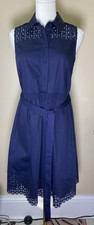 Laundry by Shelli Segal Blue Laser Cut  Dress Fit & Flare Collar Classic Belted