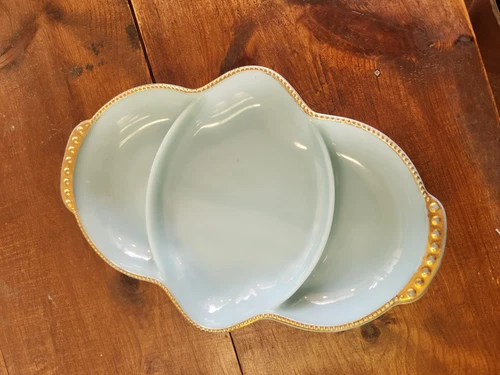 FIRE KING DELPHITE TURQUOISE MILKY BLUE GLASS RELISH DISH GOLD TRIM VINTAGE