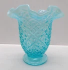 Fenton Diamond Lace Ruffled Blue Opalescent Footed Vase