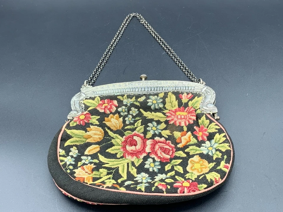 Old French Chatelaine Evening Purse Bag Sterling Silver Frame Petit Point c.1920 - Image 4 of 4