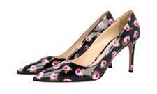 Prada Patent Leather Black with Pink Rose Floral Pumps Heels Size 38 US 8 New