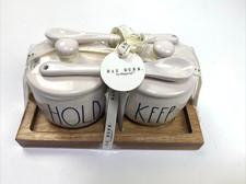 Rae Dunn Kitchen 'HOLD  KEEP" Jars with Lids, Spoons and Wood Tray NEW