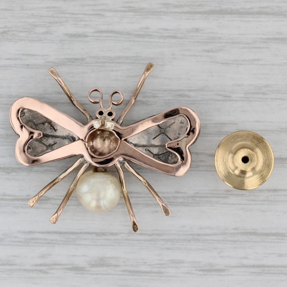Vintage Flying Insect Bug Brooch 14k Gold Pearl Lab Created Ruby Pin - Image 2 of 4
