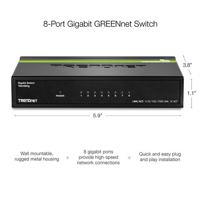 TRENDnet 8-Port Unmanaged Gigabit GREENnet TEG-S80G Switch w/ Power Supply