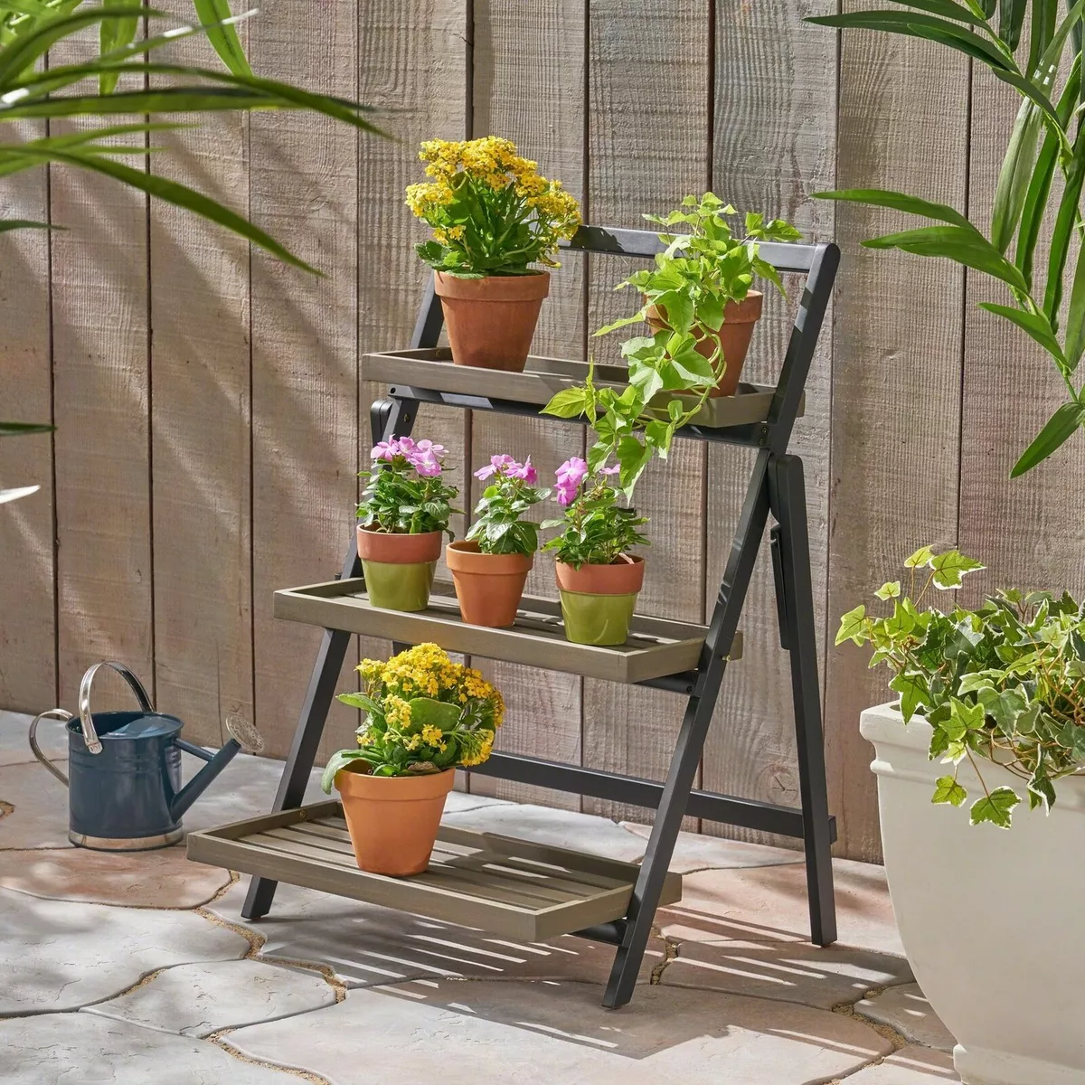 Outdoor Acacia Wood 3 Tiered Folding Plant Stand