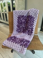 Handmade Crochet Granny Square Lap Blanket Throw 36"x36" Lavender & Purple Baby