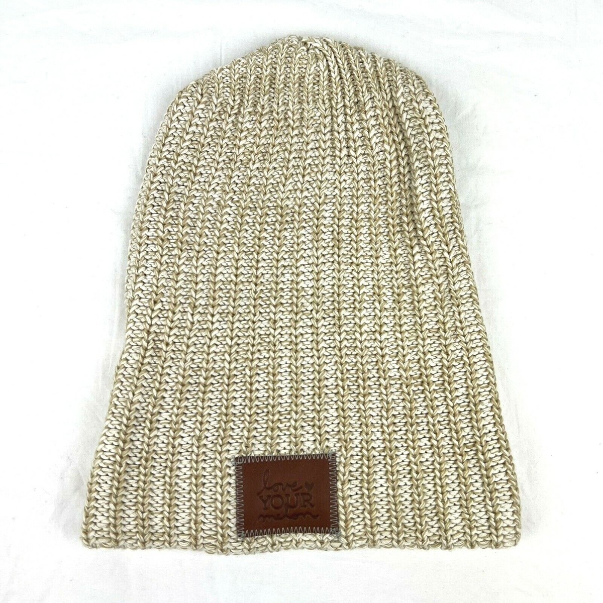 Love Your Melon Tan Cream Colored Cotton Beanie w/ Leather Patch Adult Size