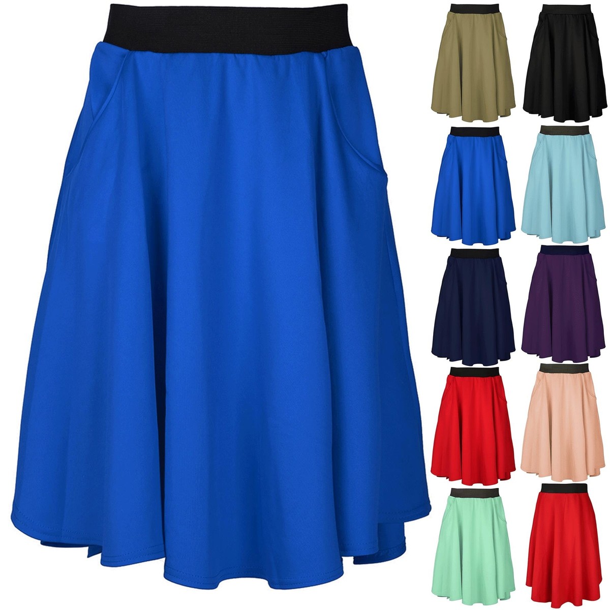 Womens Back Pocket Skater skirt Ladies Flare Dipped Midi Knee