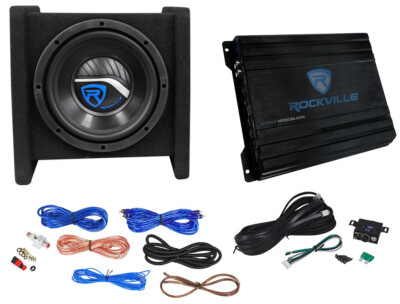 Rockville RV8.1A 400w 8'' Loaded Car Subwoofer Enclosure+Mono Amplifier+Amp Kit