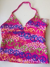 NWT GIRLS HALTER TANKINI SWIM TOP Large Girls 10-12 Pink Peace Signs Summer
