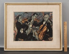 Signed MERVIN JULES Violin Cello String Trio Orchestra Musicians Woodcut