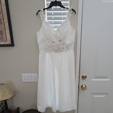 White Sleeveless Embroidered Beaded V Neck tee length Wedding Dress