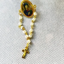 Holy land Brooch Metal gold tone cross Jesus Mary icon white  beans gift