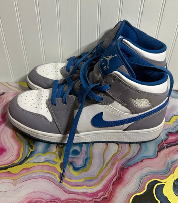 Jordan Air Jordan 1 Mid Unisex Kids Leather Sneaker Blue/White/Gray US 7
