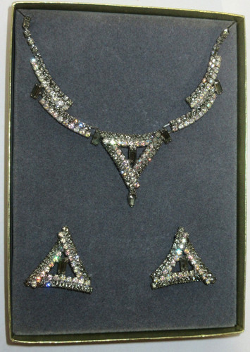 Vintage Boxed Deco Rhinestone Necklace Clip Earrings Set Boxed LOVLEY