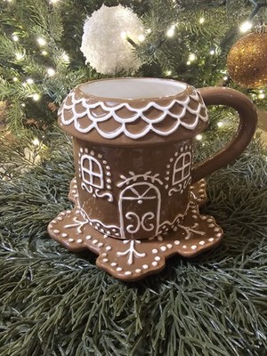 Gingerbread House Mug & Snowflake Plate Coaster Ceramic Christmas Retro Hobby L