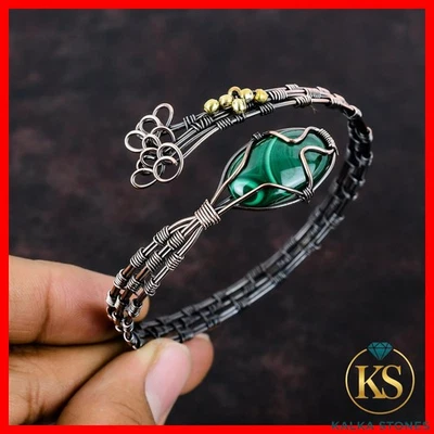 Copper Malachite Gemstone Wire Wrapped Heart Chakra New Handmade Cuff Bracelet - Image 1 of 4