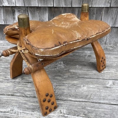 Vtg Camel Saddle Stool Brass Caps Leather Ottoman Rustic Modern Heritage Decor