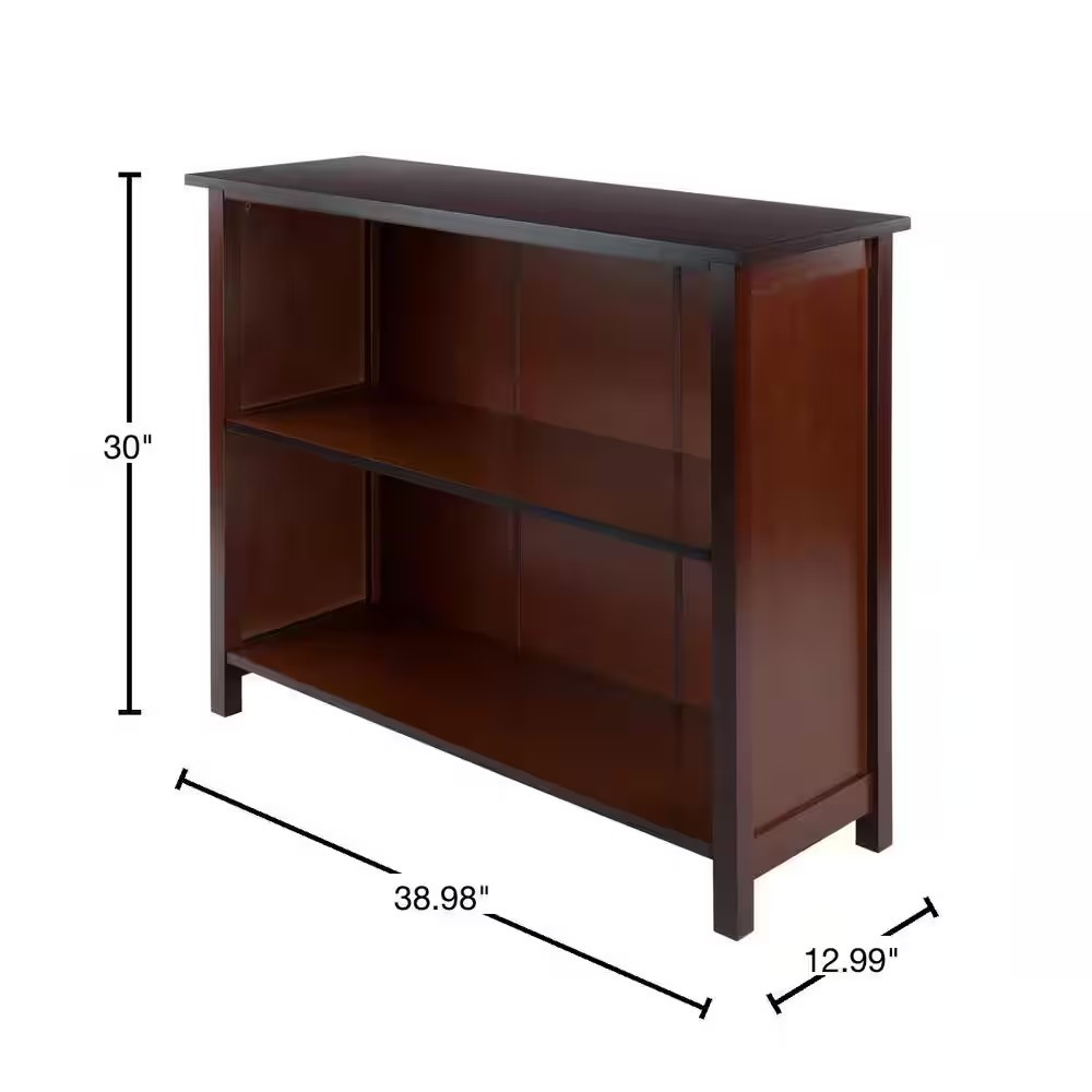 Winsome Wood Bookcase Wide Shelf Walnut Finish Closed Back Solid Wood 2-Section