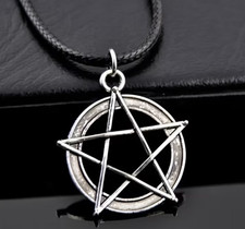 Pentagram Necklace Silver Colour Charm Black Cord satan wicca wiccan