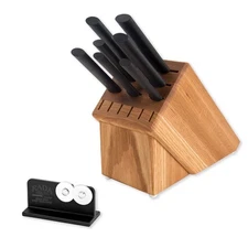Cutlery Essential Oak Block Set with Quick Edge Sharpener, Black Handles