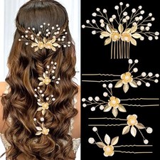 Floral Bridal Hair Pins Wedding Pearl Hair Piece Gold Leaf Crystal Side Comb ...