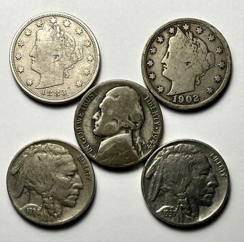 5 Coin Nickel Lot, Key Date 1883 No Cents, Buffalos, Silver War Nickel