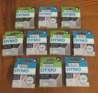 10 PACK OEM DYMO D1 45013 1/2'' 12MM LABEL TAPE BLACK TXT ON WHITE 