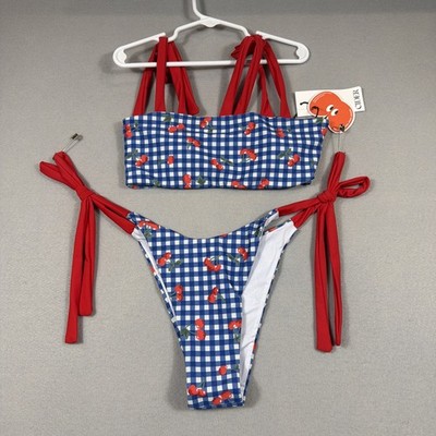 CIDER Womens 2 Piece Swimsuit Set Tie String Bikini Blue Gingham Cherry XS NWT