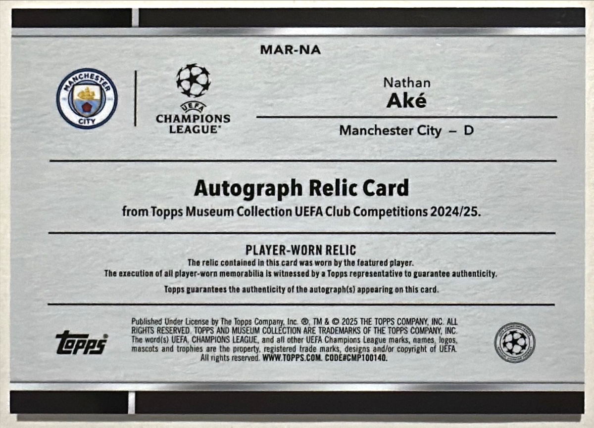 2024-25 Topps Museum UEFA Nathan Ake Relic Auto Gold 13/50