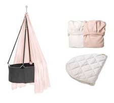 Leander Babywiege grau mit Matratze+ Schleier rosa+2 Betttücher rosa + Auflage !