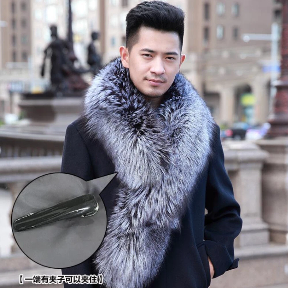 100% Real Silver Fox Fur Collar Fur Scarves Men's Fur Scarf Whole Skin with  Clip