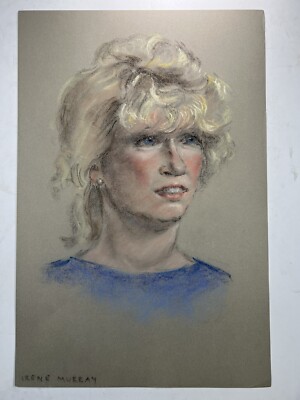 Vtg Pastel Drawing Of 90s Poofy Hair Blonde Women With Blue Eyes 17x12  Portrait