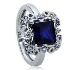 Women Silver 1.75 ct Princess Simulated Blue Sapphire CZ Wedding Engagement Ring