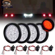 4X 4" ROUND Red 12-LED TRAILER TAIL LIGHTS Truck Stop Brake + Grommet Clear Lens