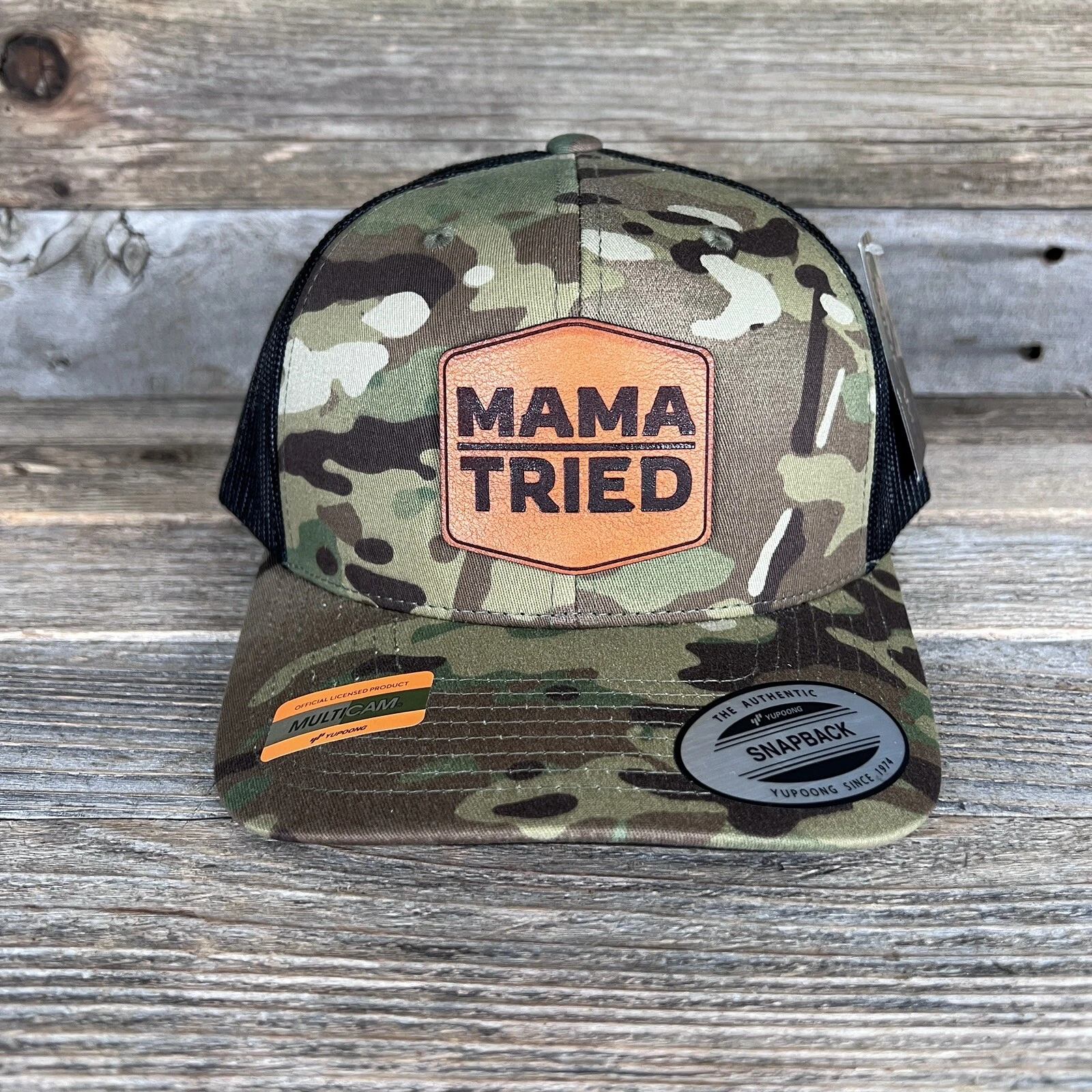 MAMA TRIED LEATHER PATCH CAMO TRUCKER HAT