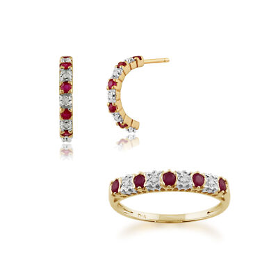 Gemondo 9ct Yellow Gold Ruby & Diamond Half Hoop Earring & Ring Set
