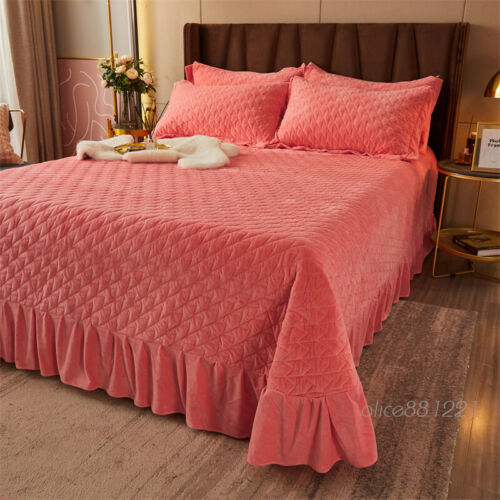 Plaid Quilted Velvet Bedspread with Ruffles Queen Size Coverlets Thick Soft 3PC - Picture 3 of 70