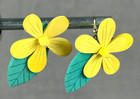 Pierced Earrings Yellow Daisy with Green Leaves Wooden Hook Dangle Vintage