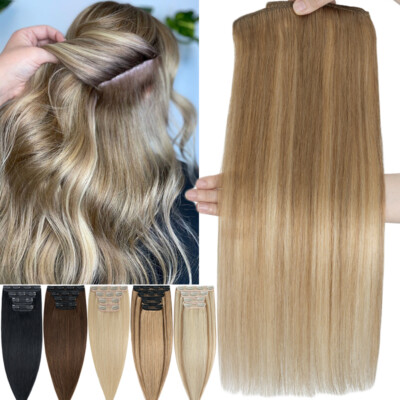 Double Wefts Thick Clip In Remy Human Hair Extensions Full Head Highlight 8PCS