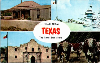 Postcard TX Hello from Texas Multiview Battleship Cattle Alamo Saloon ...