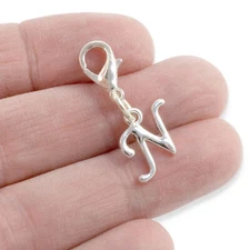 Silver Letter "N" Clip On Charm, Cursive Script Initial Dangle + Lobster Clasp