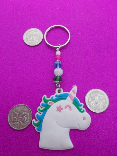 CUTE RUBBER UNICORN HEAD CHARM ON A CRYSTAL BEAD KEY RING - WH BLUE GREEN# 837 K - Picture 9 of 14